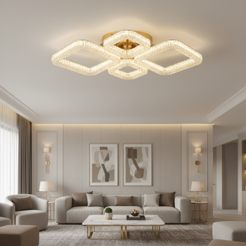 Lustra LED RENATO Eleganza cu telecomanda si cristal, 73W, 4 Patrate, Lumina Rece/Calda/Neutra, Dimabila, Auriu [1]
