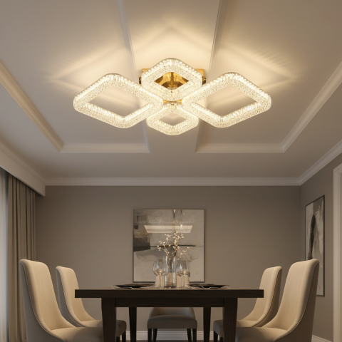Lustra LED RENATO Eleganza cu telecomanda si cristal, 73W, 4 Patrate, Lumina Rece/Calda/Neutra, Dimabila, Auriu [2]