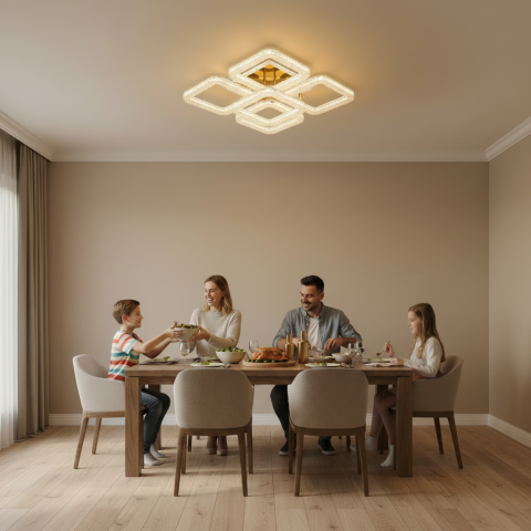 Lustra LED RENATO Magno cu telecomanda si cristal, 118W, 5 Patrate, Lumina Rece/Calda/Neutra, Dimabila, Auriu [2]
