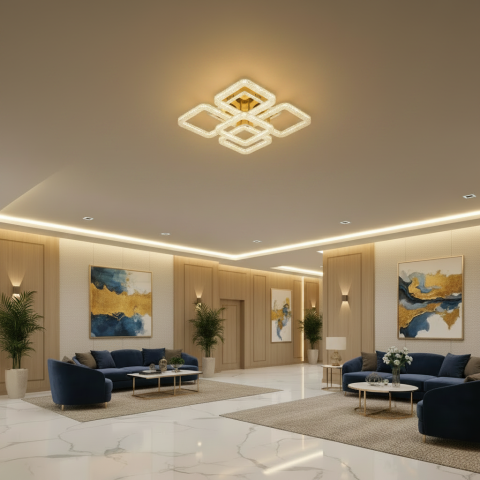 Lustra LED RENATO Magno cu telecomanda si cristal, 118W, 5 Patrate, Lumina Rece/Calda/Neutra, Dimabila, Auriu [1]