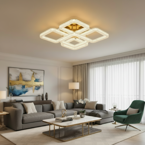 Lustre LED Moderne - Lustra LED RENATO Magno cu telecomanda si cristal, 118W, 5 Patrate, Lumina Rece/Calda/Neutra, Dimabila, Auriu
