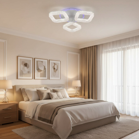 Iluminat Smart Home - Lustra LED RENATO Nobile cu telecomanda si cristal, 39W, 3 Patrate, Lumina Rece/Calda/Neutra, Dimabila, Alb