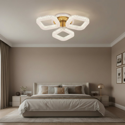 Lustre LED Moderne - Lustra LED RENATO Nobile cu telecomanda si cristal, 39W, 3 Patrate, Lumina Rece/Calda/Neutra, Dimabila, Auriu