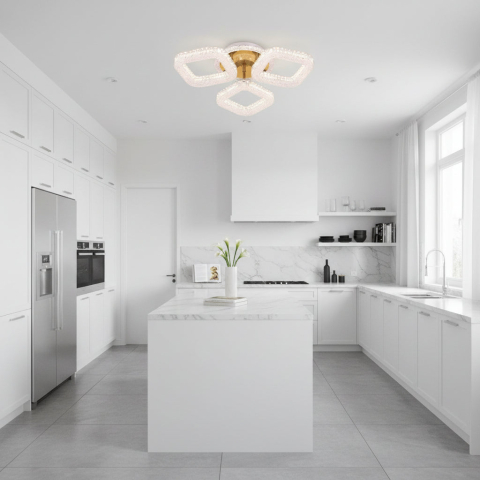 Lustra LED RENATO Nobile cu telecomanda si cristal, 39W, 3 Patrate, Lumina Rece/Calda/Neutra, Dimabila, Auriu [2]