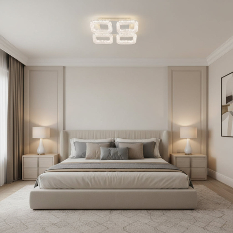 Lustra LED RENATO Nobile cu telecomanda si cristal, 54W, 4 Patrate, Lumina Rece/Calda/Neutra, Dimabila, Alb [1]