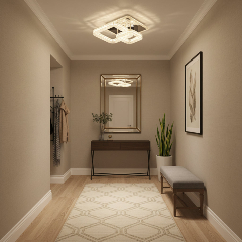 Produse Alessandro - Lustra LED RENATO Petito cu telecomanda si cristal, 13W, 2 Patrate, Lumina Rece/Calda/Neutra, Dimabila, Alb