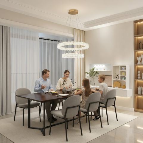 Lustra LED SHELP Cristal cu telecomanda, 64W, Lumina Calda/Neutra/Rece, Φ60 cm, Inaltime Reglabila, Metal si Cristal, Auriu [2]