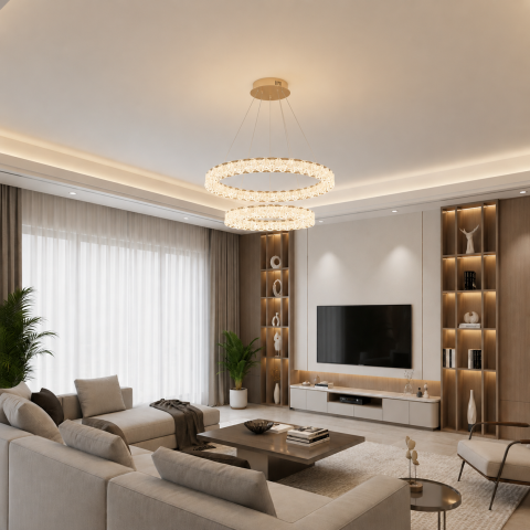 Produse Alessandro - Lustra LED SHELP Cristal cu telecomanda, 64W, Lumina Calda/Neutra/Rece, Φ60 cm, Inaltime Reglabila, Metal si Cristal, Auriu