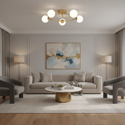 Iluminat Smart Home - Lustra LED si cristal ORBIT, 72cm, 5xE27, Globuri, Auriu