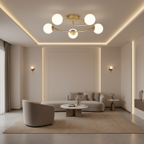 Lustra LED si cristal ORBIT, 72cm, 5xE27, Globuri, Auriu [1]