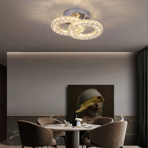 Lustre LED Moderne - Lustra LED si cristal ZABINA 25W, 2 Cercuri, lumina Rece/Calda/Neutra, Crom Lucios