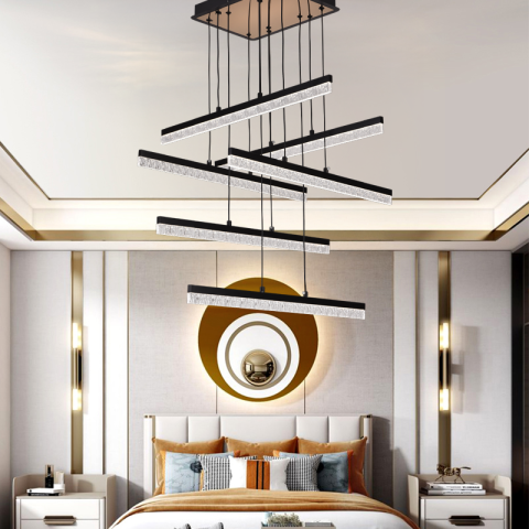 Iluminat Smart Home - Lustra LED Suspendata Acril LT181/6BK, 82W, Lumina 3000/4000/6000K, Negru, Inaltime Reglabila