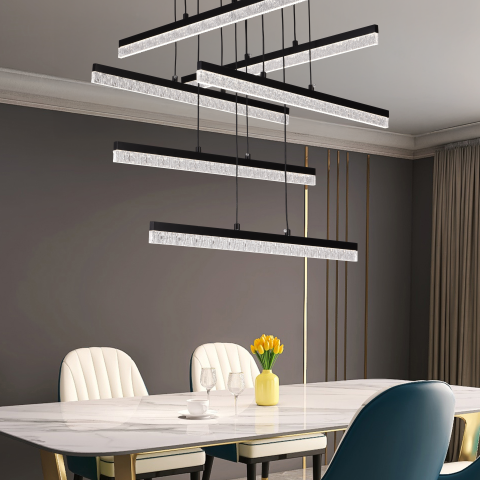 Lustra LED Suspendata Acril LT181/6BK, 82W, Lumina 3000/4000/6000K, Negru, Inaltime Reglabila [1]