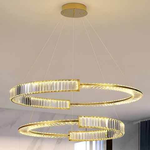 Lustre LED Moderne - Lustra LED suspendata cu cristal PRISM REGAL 117W, 2 Cercuri, lumina Rece/Calda/Neutra, Dimabila, Auriu, Inaltime Reglabila