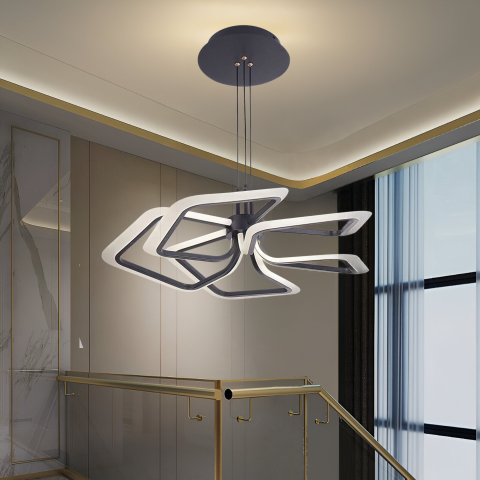 Iluminat Smart Home - Lustra LED suspendata cu Telecomanda 103W, 5 Patrate, lumina Rece/Calda/Neutra, Dimabila, Negru