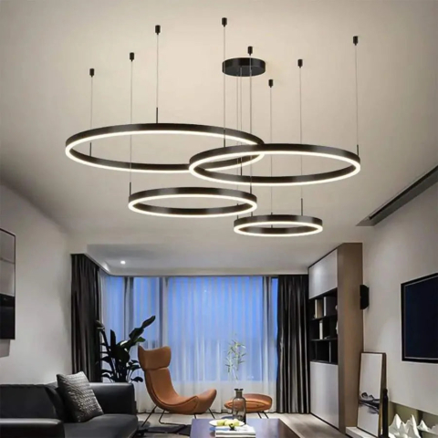 Lustre LED Moderne - Lustra LED suspendata cu telecomanda ADELAIDA 226W, 4 Cercuri, lumina Rece/Calda/Neutra, Dimabila, Negru, Inaltime Reglabila