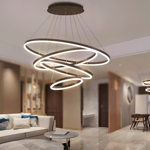 Lustre LED Moderne - Lustra LED suspendata cu telecomanda CASIANA 130W, 4 Cercuri, lumina Rece/Calda/Neutra, Dimabila, Negru, Inaltime Reglabila