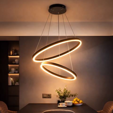 Lampi, Aplice si Corpuri de iluminat Smart - Lustra LED suspendata cu Telecomanda CASIANA 40W, 2 Cercuri, Lumina Rece/Calda/Neutra 3000K/4000K/6000K, Dimabila, Negru, Inaltime Reglabila, Metal si Acril