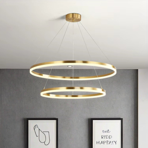 Iluminat Smart Home - Lustra LED suspendata cu telecomanda CHRISTINE, 41W, 2 Cercuri, lumina Rece/Calda/Neutra, Dimabila, Auriu Lucios, Inaltime Reglabila