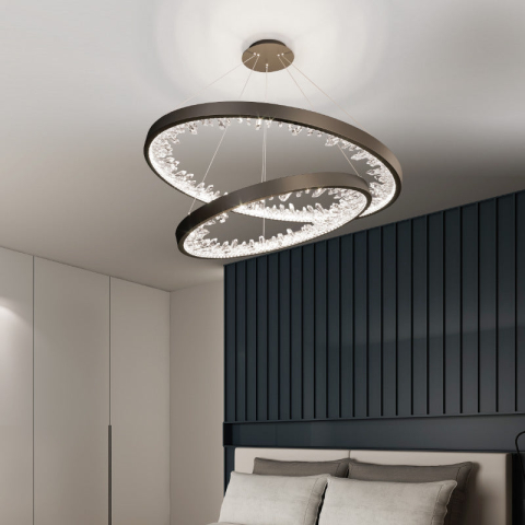 Lampi, Aplice si Corpuri de iluminat Smart - Lustra LED suspendata cu telecomanda, Cristale K9, 110W, 2 Cerc, lumina Rece/Calda/Neutra, Dimabila, Negru, Inaltime Reglabila