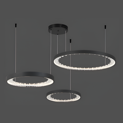 Lustra LED suspendata cu telecomanda, Cristale K9, 80W, 3 Cercuri, lumina Rece/Calda/Neutra, Dimabila, Negru, Inaltime Reglabila [2]