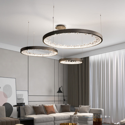 Lustre LED Moderne - Lustra LED suspendata cu telecomanda, Cristale K9, 80W, 3 Cercuri, lumina Rece/Calda/Neutra, Dimabila, Negru, Inaltime Reglabila