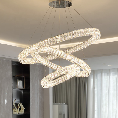 Lampi, Aplice si Corpuri de iluminat Smart - Lustra LED suspendata cu telecomanda si cristal CAYDEN 200W, 3 Cercuri, lumina Rece/Calda/Neutra, Dimabila, Crom Lucios, Inaltime Reglabila