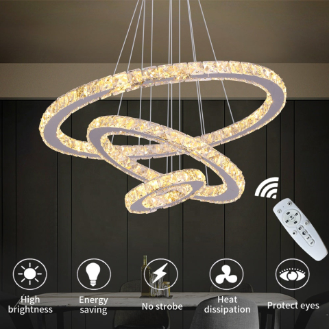 Lustra LED suspendata cu telecomanda si cristal CAYDEN 200W, 3 Cercuri, lumina Rece/Calda/Neutra, Dimabila, Crom Lucios, Inaltime Reglabila [2]