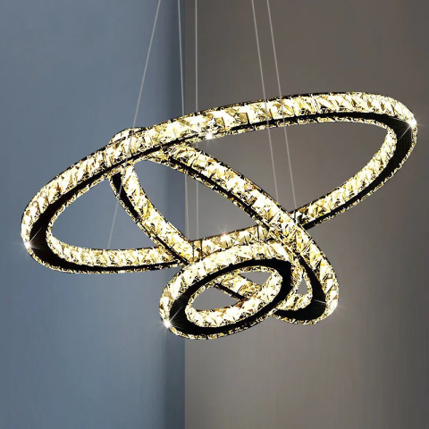 Iluminat Smart Home - Lustra LED suspendata cu telecomanda si cristal PRISM LUMINIS 78.3W, 3 Cercuri, lumina Rece/Calda/Neutra, Dimabila, Argintiu, Inaltime Reglabila