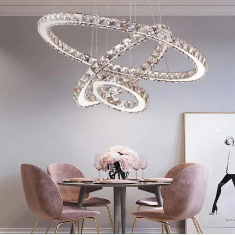 Lustra LED suspendata cu telecomanda si cristal PRISM LUMINIS 78.3W, 3 Cercuri, lumina Rece/Calda/Neutra, Dimabila, Argintiu, Inaltime Reglabila [2]