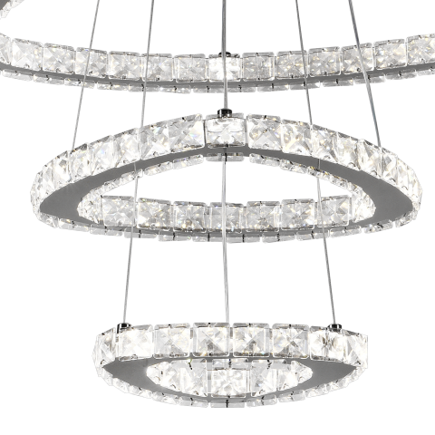 Lustra LED suspendata cu telecomanda si cristal PRISM LUMORA 63W, 3 Cercuri, lumina Rece/Calda/Neutra, Dimabila, Crom Lucios, Inaltime Reglabila [2]