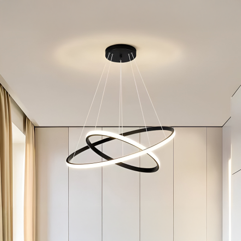 Lampi, Aplice si Corpuri de iluminat Smart - Lustra LED suspendata RICCI 25W, 2 Cercuri, lumina Rece/Calda/Neutra, Negru, Inaltime Reglabila