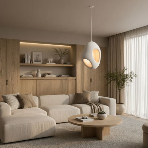 Lustre LED Moderne - Lustra Moderna FOAMER Magno, 57 cm, Suspendata, 1 X E27, Alb, Metal si Spuma, Inaltime Reglabila