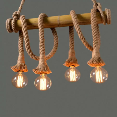 Lustre LED Moderne - Lustra NIDIA 4x E27 Bambus si Franghie Maro