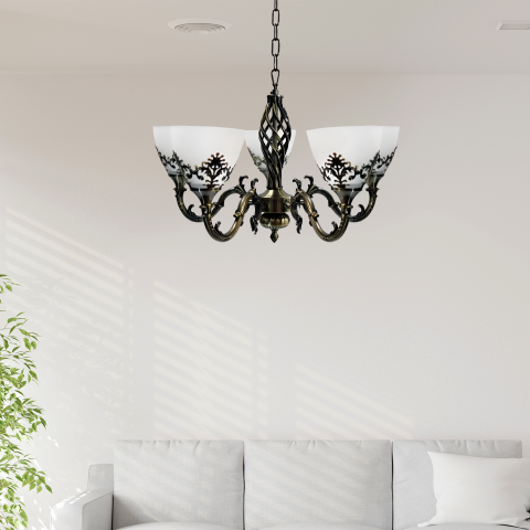 Lampi, Aplice si Corpuri de iluminat Smart - Lustra Rustic COTTAGE, 5*E27, Bronz Antichizat, Metal si Sticla