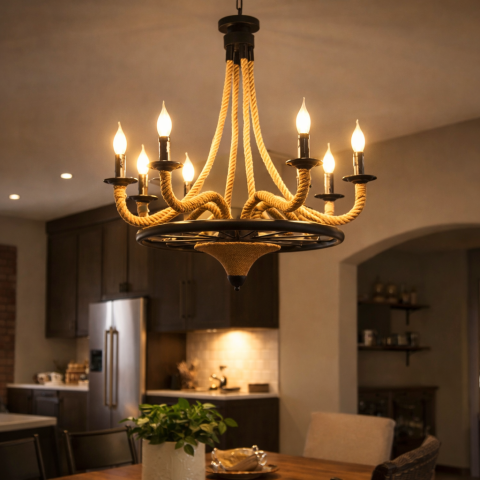 Lustre LED Moderne - Lustra Suspendata Vintage, LV581/6BK, 6xE27, Maro, Metal si Sfoara