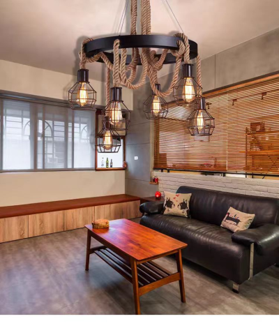 Lustra Suspendata Vintage, LV583/6BK, 6xE27, Diametru 60 cm, Inaltime Reglabila, IP20, Maro, Metal si Sfoara, Becuri Neincluse [1]