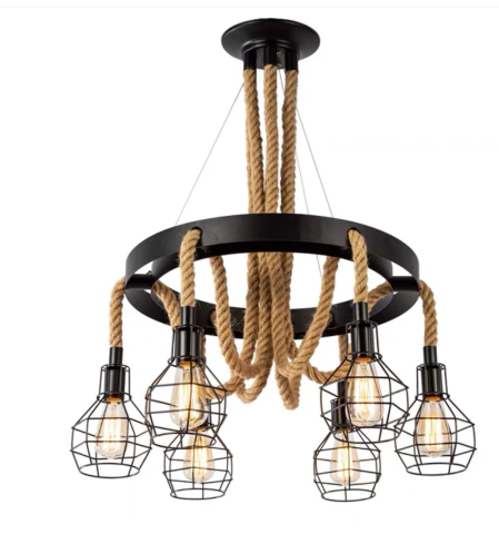 Lustre LED Moderne - Lustra Suspendata Vintage, LV583/6BK, 6xE27, Diametru 60 cm, Inaltime Reglabila, IP20, Maro, Metal si Sfoara, Becuri Neincluse