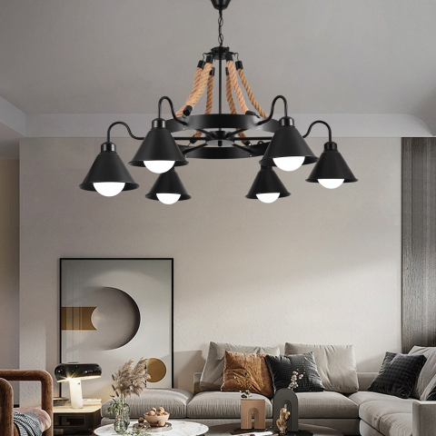 Iluminat Smart Home - Lustra Vintage cu Franghie LV584/6BK, 6xE27 Lemn Inchis