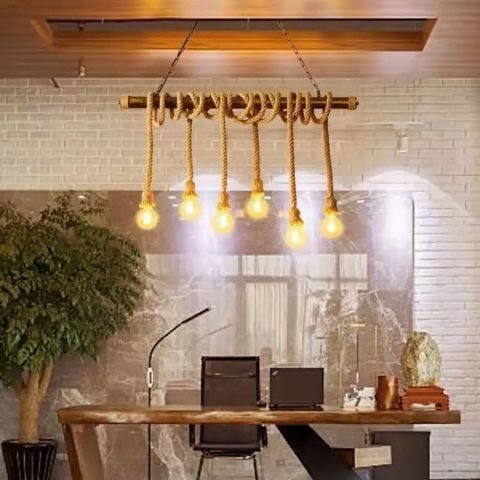 Lustra Vintage cu Franghie PEDRO, 6 x E27 Lemn Inchis [2]