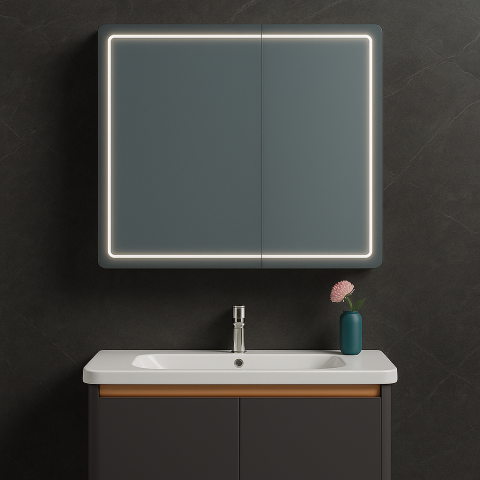 Produse Alessandro - Oglinda LED cu Dulap de Baie si Lavoar Suspendat, 80x60 cm, Design Modern, Iluminare Integrata