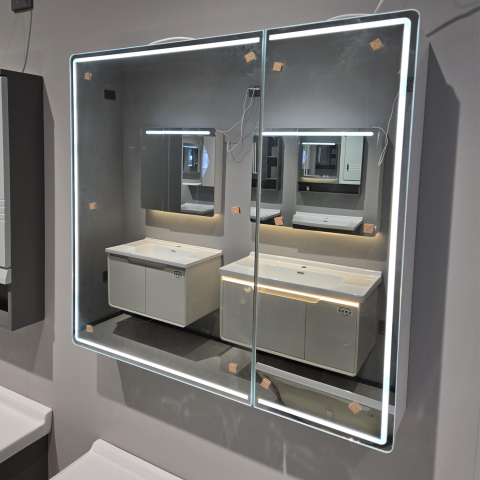 Mobilier baie - Oglinda LED cu Dulap LENTO 80x70 cm Gri Iluminare Perimetrala si Senzor Touch