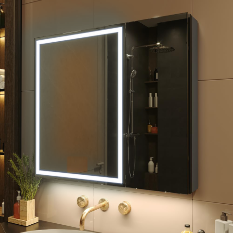 Oglinda LED cu Dulap STRATO 75x70 cm Negru Iluminare Completa si Depozitare Spatioasa [2]