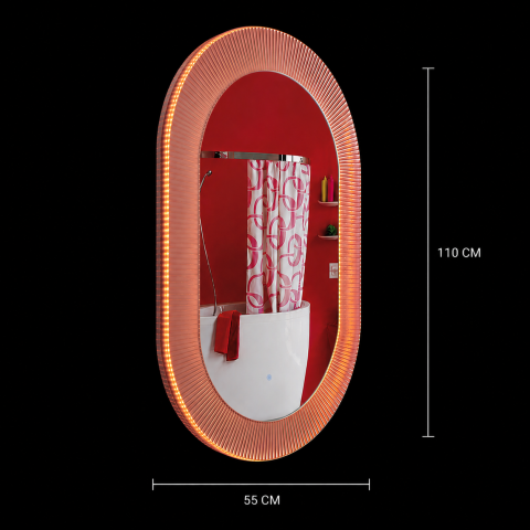 Oglinda LED FISHMAN Ovala, 55x110cm, Rama din acrilic cu efect irizat, Senzor, Lumina 3000K, 4000K, 6000K, Sistem Dezaburire, Acrilic, Functii Ceas si Temperatura [2]