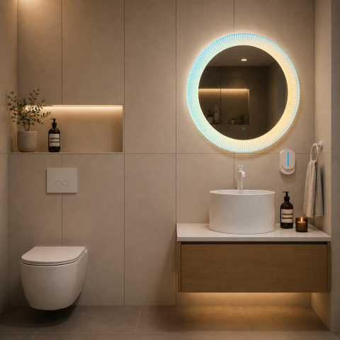 Oglinda LED FISHMAN Rotunda, 70cm, Rama din acrilic cu efect irizat, Senzor, Lumina 3000K, 4000K, 6000K, Sistem Dezaburire, Acrilic, Functii Ceas si Temperatura [1]