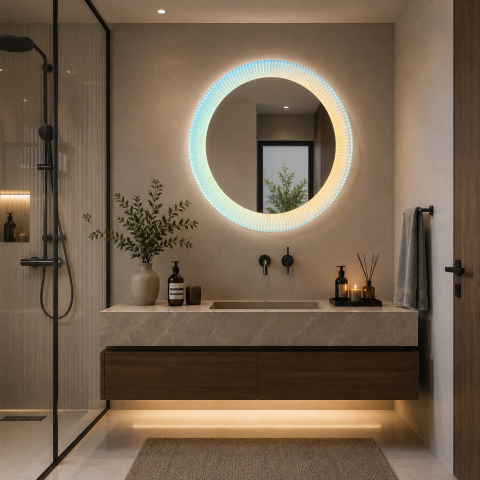 Oglinzi LED - Oglinda LED FISHMAN Rotunda, 70cm, Rama din acrilic cu efect irizat, Senzor, Lumina 3000K, 4000K, 6000K, Sistem Dezaburire, Acrilic, Functii Ceas si Temperatura