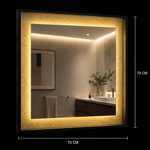 Oglinda LED NUK, 70x70cm, 12W, Negru, Senzor, Lumina 3000K, 4000K, 6000K, Sistem Dezaburire, Metal, Functii Ceas si Temperatura [2]
