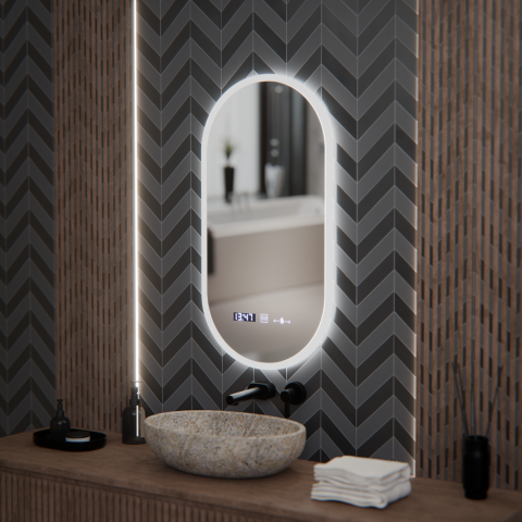 Oglinda LED Ovala, 50x100cm, Lucia Senzor Marcello, Sistem Dezaburire, Ceas & Termometru, Dimabila