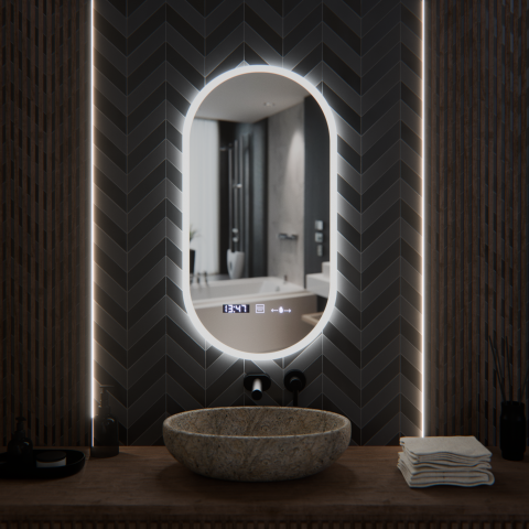 Oglinda LED Ovala, 50x100cm, Lucia Senzor Marcello, Sistem Dezaburire, Ceas & Termometru, Dimabila [3]