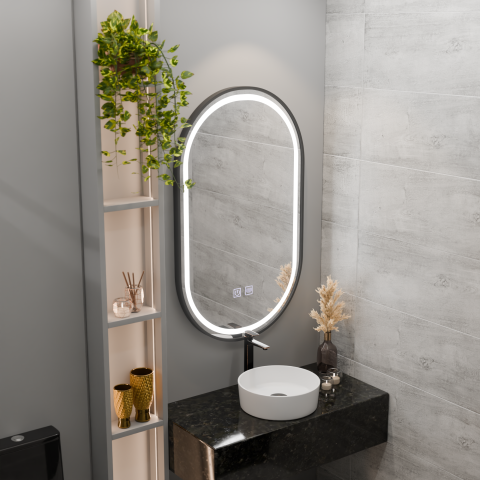 Oglinzi LED - Oglinda LED Ovala 50x100cm VETRO Touch Sistem Dezaburire Dimabila, Rama Neagra
